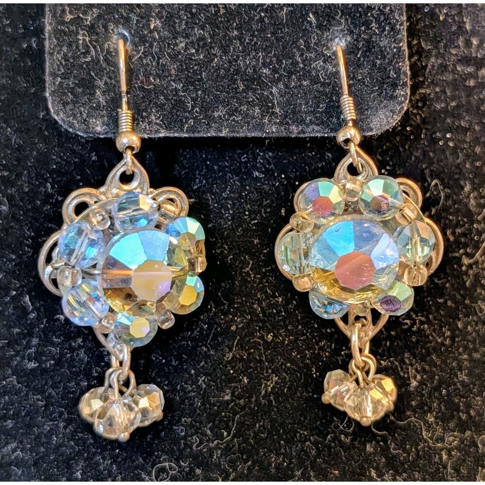 Vintage AB Crystal Three Clear Crystal Dangle Pierced Earrings